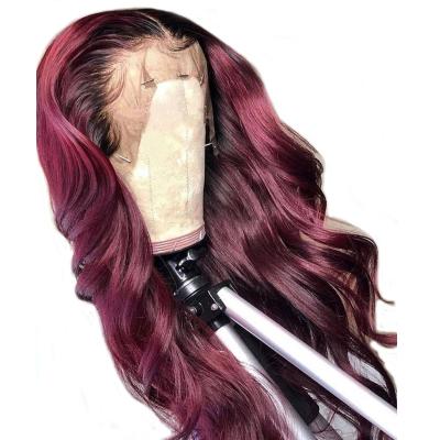 China Natural Hairline Remy Lace Frontal Wigs Pre-Plucked Body Wave 1B 99j Body Lace Front Human Hair Wigs Ombre Burgundy Color Brazilian Wavy for sale