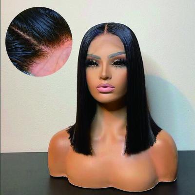 China Cheap Curly Bob Blunt Cut Closure 4*4 Lace Wigs Pre Plucked Indian Straight Bob Short Human Hair Lace Wig Black Hair for sale