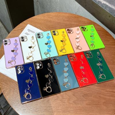 China Shockproof Cool Color Square Mobile Case For iPhone Models With Heart Chain Holder For iPhone X xs 12 mini candy pro 13 case for sale