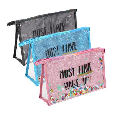 China Fashion Glitter Sequin Makeup Bag Wholesale Logo Printed Custom Clear PVC Toiletry Beauty Cosmetic Bag for sale