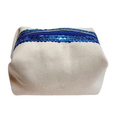 China Wholesale Custom Cotton Preppy Canvas Eco Style Cosmetic Bag With Sequin Trimming Foldable Make Up Zipper Pouch for sale