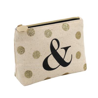 China Gold Preppy Custom Logo Natural Printed Cotton Canvas Style Makeup Bag Eco Cosmetic Gift Packaging Pouch for sale