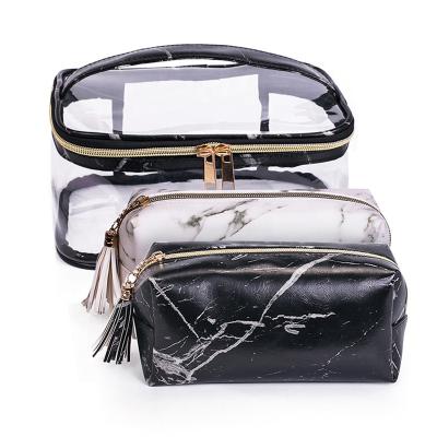 China 2021 New Fashion Women PU Marble Leather Cosmetic Bag Set Transparent 3PCS Travel Toiletry Bag With Zipper for sale