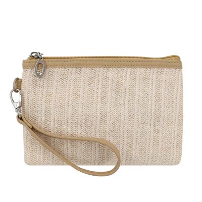 China Fashion Women Straw Zipper Pouch Clutch Bag With Wrist Strap Custom Straw Cosmetic Beauty Bag Lady Gift for sale