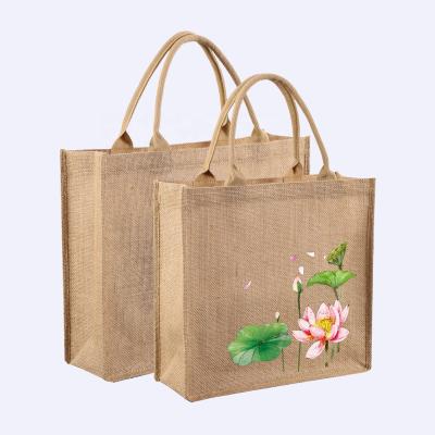 China Wholesale Custom Printed Reusable Foldable Hessian Grocery Bag Jute Burlap Tote Bag Hemp Eco Friendly Natural Jute Logo for sale