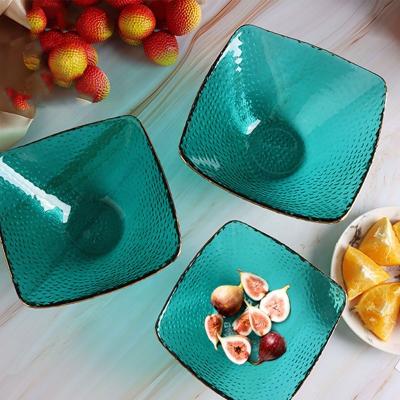 China Viable Japanese Transparent Square Glass Bowl Gold Rim Salad Hammer Pattern Fruit Clear Glass Bowl Dish Supplier Wholesale Vegetable Wholesale for sale