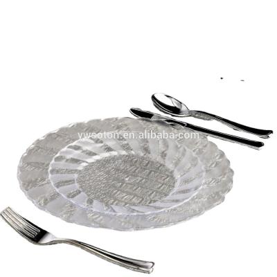 China Disposable Clear Plastic Dinner Dishes Salad Dessert Dishes Silver Cutlery And Cups For Party Weeding for sale