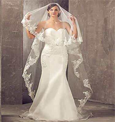 China Applique Edge Wedding bridal veil Ivory beautiful long veil lace and metal comb edge cathedral length  In 2022  the new for sale