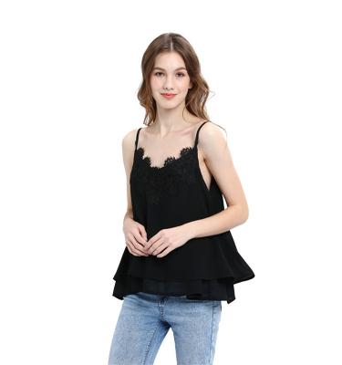 China Breathable New solid color fashion sexy double stitching chiffon top collar stitching lace halter top white black vest for sale