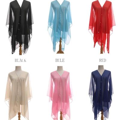 China Breathable 2022 Women Chiffon solid color cape long cardigan single row multi-button thin coat Wedding bride cape multi-color sleeveless V- for sale