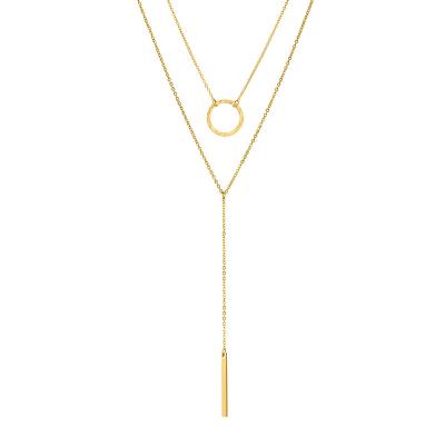 China Wholesale FASHIONABLE Ring And Square Pendant Stainless Steel Gold Double Layer Chain Necklace for sale