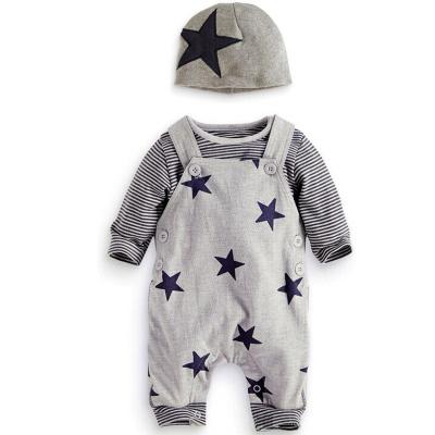 China Autumn Baby Rompers Stripe T-shirt+Dungarees+Hat 3pcs Newborn Casual Baby Overalls Romper for sale