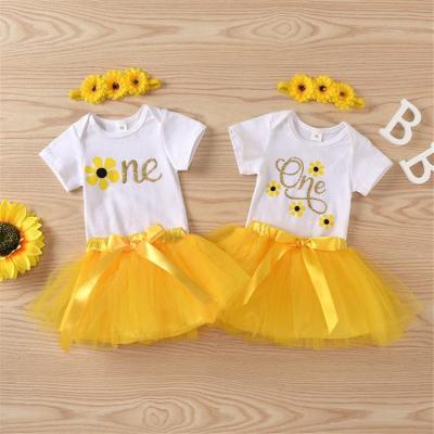 China Casual Newborn 3pcs Romper Set With Tutu Skirt Price Sunflower Cheap Baby's First Birthday Outfit for sale