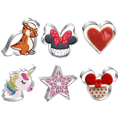 China Viable Hot Selling 6 Pcs Stainless Steel Cookie Cutter Dinosaur Star Heart Micky Mouse Shapes Biscuit Cookie Tools for sale