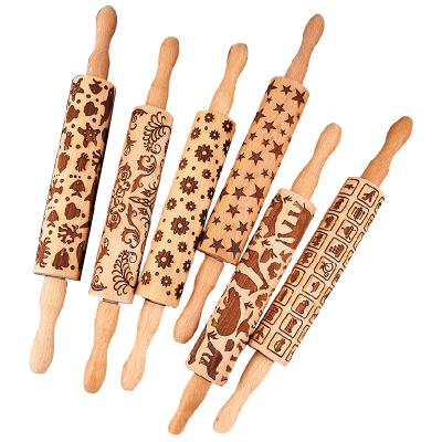 China Sustainable Beech Wood Embossed Cute Pin Baking Cookies Noodle Biscuit Fondant Cake Dough Rolling Pattern Wooden Laser Engraved Pin for sale