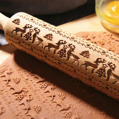 China Sustainable Embossing Baking Tools Fondant Cookies Noodle Cookie Flour Rolling Pin Patterned Wooden Roller Snowflake Christmas Deer for sale