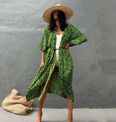 China Breathable Green Custom Sexy Long Sleeve Ankle Length Casual Belt Cover-UPS Bikini Kimono Robe Women Beach Wear Swimsuit Cover Up for sale