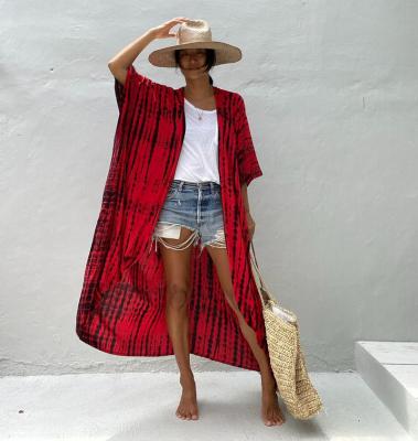 China OEM Breathable Red Bohemian Striped Women Beach Dress Swimsuit Cover Up Crochet Summer Tunic For Woman Beachwear Beach Bobe Kaftan for sale