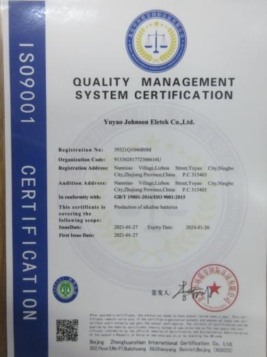 ISO9001 - Yuyao Johnson Eletek Co., Ltd.