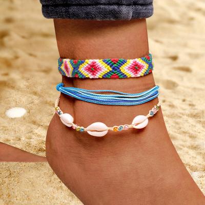 China 2021 New Bohemian Shell bracelet Waterproof Rope Anklet Jewelry 3PCS/set BOHEMIA style summer braid cotton for sale