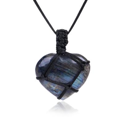 China High Quality Geometry Heart Labradorite Necklace Yoga Macrame Natural Stone Pendant Necklace For Women Men for sale