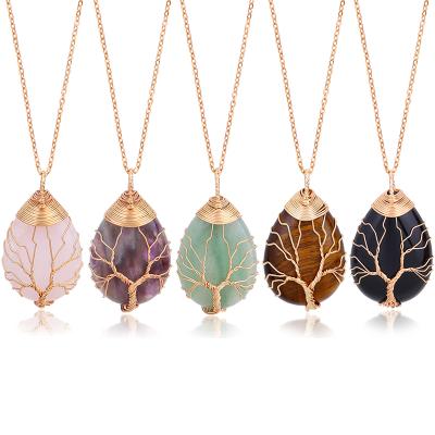 China High Quality Famous Cute Wire Wrapped Tree Of Life Necklace Natural Gemstone Teardrop Pendant Necklace for sale