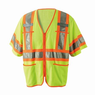 China Breathable Custom Logo Safety T-Shirt ANSI Class Mesh Two Tone High Visibility 3 Pocket 100% Polyester Multiple Safety Vest With Zipper for sale