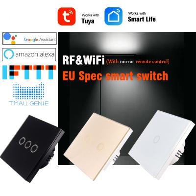 China Smart Home System Eu Switch Lamp Switch WiFi&RF433 Alexa Voice Control Touch Tuya App 10A 90-250V AC Tempered Glass Remote Control Panel for sale