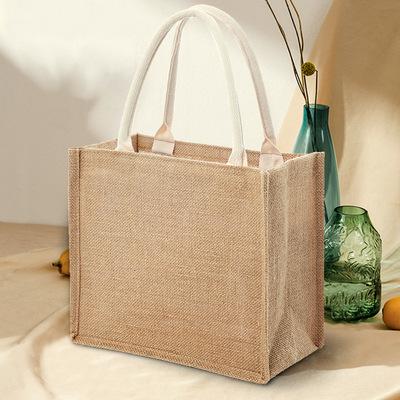 China Natural Custom Logo Color Burlap Lamination Liner PE Grocery Tote Bags Jute Handled Eco Friendly Reusable Shopping Bag for sale