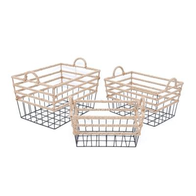 China Sustainable Set of 3 Wire Metal Home Storage Handle Rectangle Baskets with Plant Plankton for sale