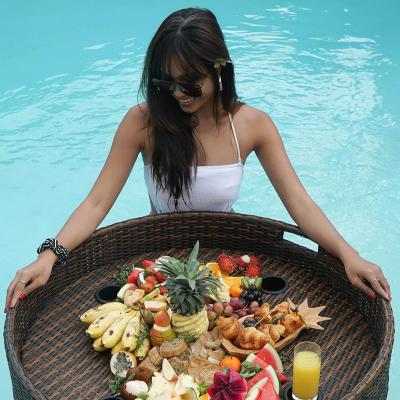 China Eco-Friendly Summer Outdoor Floating Party Water Basket Rattan Pool Breakfast Serving Tray With Handle for sale