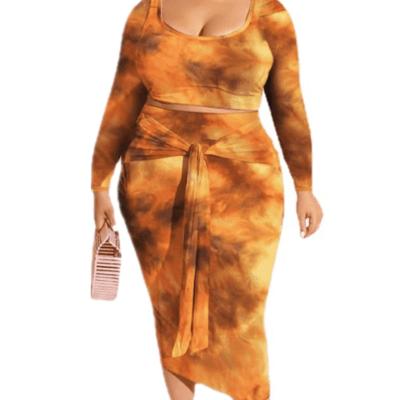 China Tie Dye Anti-pilling Plus Size Skirt Sets Women 2 Pieces Outfit Sexy-Midi Skirt And Long Sleeve Top Sets Dresses Women for sale