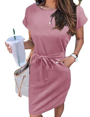 China 2022 Summer Anti-Static Women's Striped Short T-shirt Dress Sleeve Tie Waist Midi Casual Dress for sale