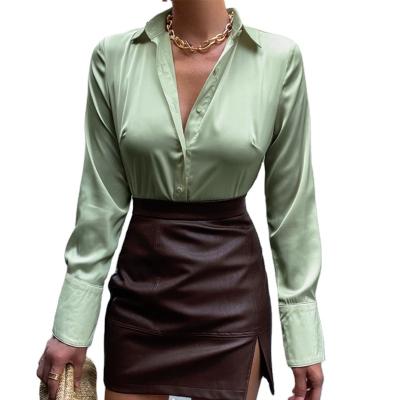 China Anti-pilling New 2022 Autumn Fashion Button Up Satin Silk Shirt Long Sleeve Plain Custom Blouses Elegant Shirt Tops Women's Blouse And Shirts for sale