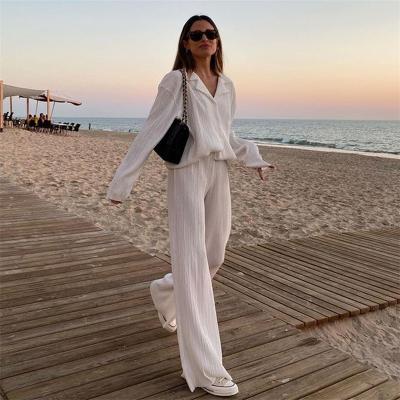 China Anti-Pilling 2022 Fall Elegant Pleated Two Piece Set Women Loose High Waist Long Sleeve Blouses Shirt Wide Leg Pants Womens Suits Outfits for sale