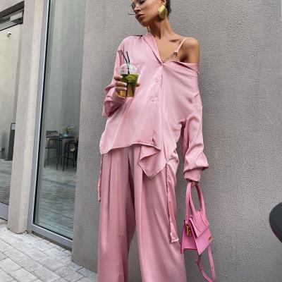 China QUICK DRY Customizable Logo High Quality Satin High Waist Pants Elegant Satin Long Sleeve Shirt Casual Wide Leg Pants Women Suits for sale