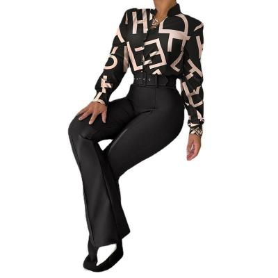 China 2022 Amenities Printed Stand Collar Long Sleeve Shirt Casual Wide Leg Anti-pilling Pants Women Formal Office Suits Pieces Both Set for sale