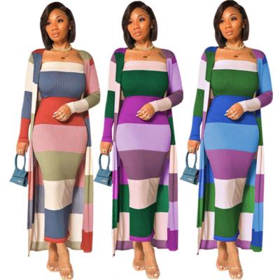 China 2021 Women's Elegant Bodycon Long Sleeve Stripe Breathable Fall Outfits Printed Multicolor Jacket Dress 2 Dresses Two Piece Set Long Maxi for sale