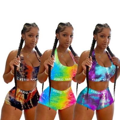 China 2021 Breathable Plus Size Summer Women's Casual Shorts Sweatsuit Cartoon Printed Vest Tie Tie Sports Two Piece Short Set For Women Clothing for sale