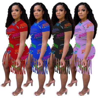 China 2021 Summer Fashion Women Ladies Bodycon Letter Tassel 2 Sets Breathable Casual Hot Top Floral Print Two Piece Pants Lovely For Women for sale