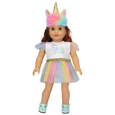 China DIY TOY 18IN Girl Doll Dress Gauze Skirt Princess Rainbow 45CM Doll Clothes Accessories Colorful Unicorn Headband for sale