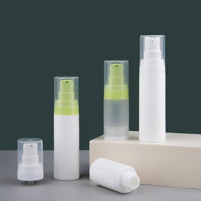 China Cosmetic Packaging Empty Airless Spray Bottle Frosted 15ml 30ml 50ml PP Bottles White Plastic Airless Green Pump Head for sale