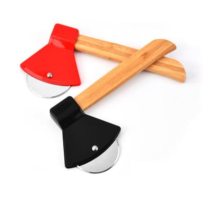 China Sustainable Stainless Steel Ax Pizza Cutter With Bamboo Handle Rolling Wheel Slicer Dough Cutters Kitchen Tools for sale