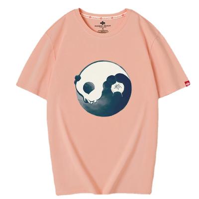 China 2021 Guochao Tai Chi Panda Printed Men's Anti-wrinkle Short Sleeve Top Japanese Loose Fashion Pure Cotton Tops T-shirt for sale