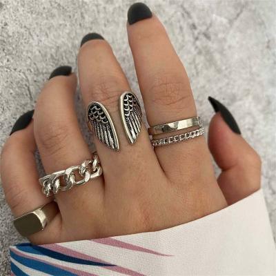 China High Quality 5 PCs/Set Geometric Joint Ring Set Ins Simple Style Personality Big Wings European American Border Chain Twist for sale