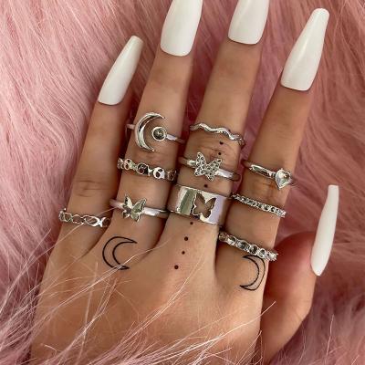 China High Quality 10 Pcs/Set Open Ring Love Butterfly Series Stacked Ring Set Accessories Birthday Gift Party Sun Hollow Sun Moon Classic Ladies for sale