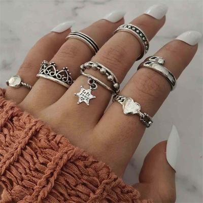 China High Quality 7 Pcs/Set Women Rings Set Crown Love Heart Punk Star Round Geometric Opening Ring Charm Girl Party Holiday Silver Color Jewelry for sale