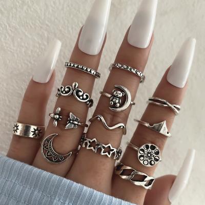 China High Quality 13 PCs/Set Hollow Star Bear Moon Combination Ring Auspicious Clouds Crown Bee Butterfly Triangle Design Personality Ring Set for sale