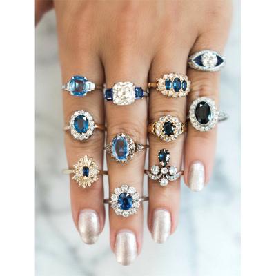 China High Quality 11 Pcs / Set Border Hot Style European American Jewelry Set Blue Crystal Geometric Irregular Two Color Joint Ring Set for sale