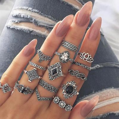 China High Quality 15 Pcs/Set Fashion Explosion Border Style Geometric Water Drop Ring Set Retro Hollow Lotus Ring Set Joint Jewelry Gift for sale